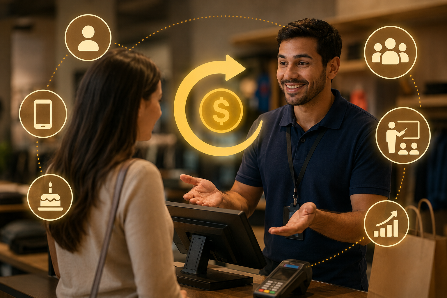 Vendedor explicando cashback a uma cliente no caixa de uma loja
