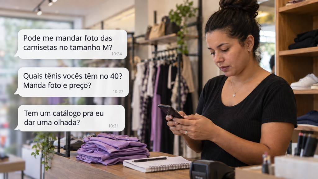 Vendedora no balcão lê no celular pedidos de foto de camisetas, tênis no 40 e um catálogo para olhar