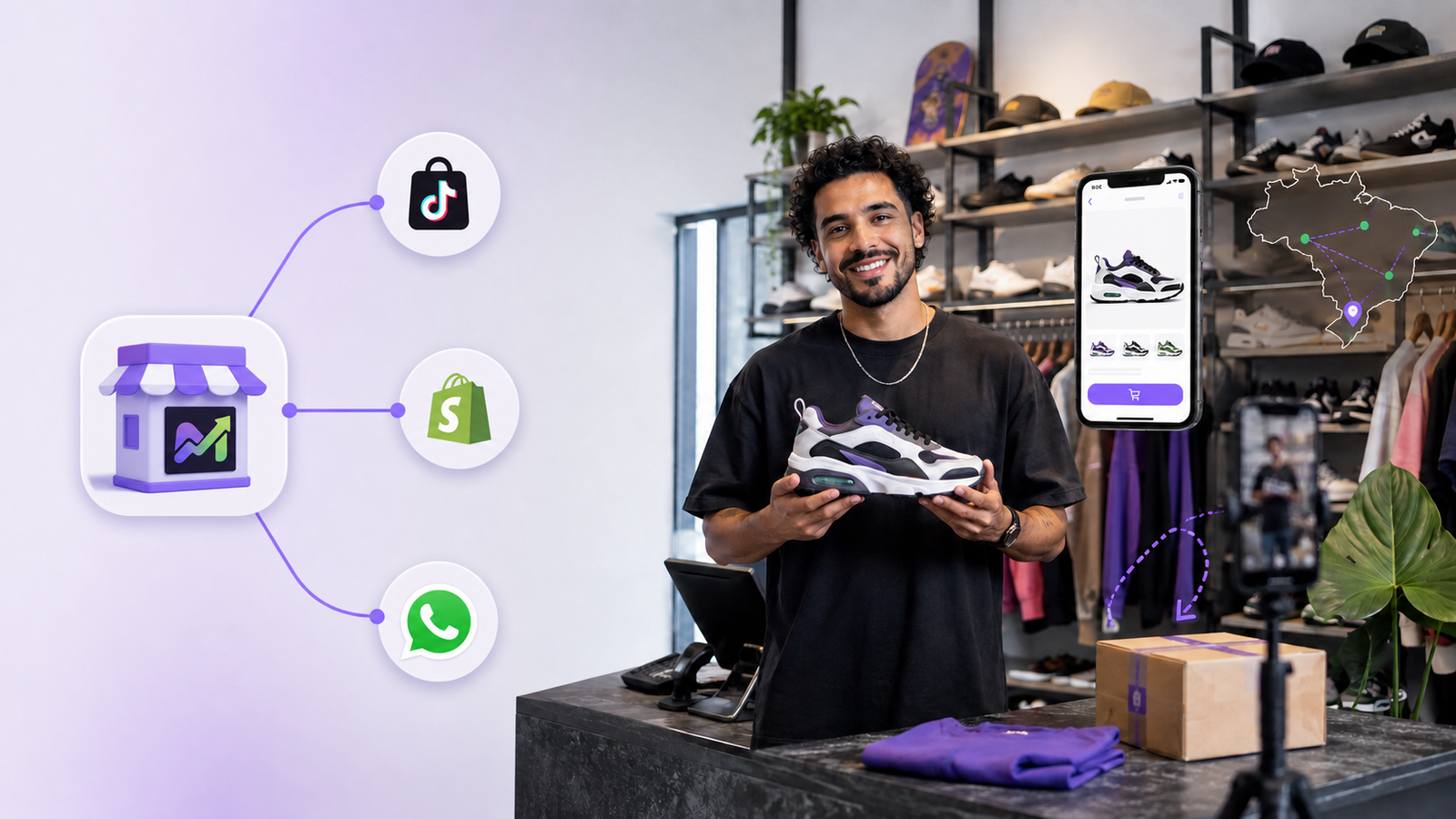 Lojista em uma loja física segurando um tênis, com celular, pacote e elementos que representam vendas online