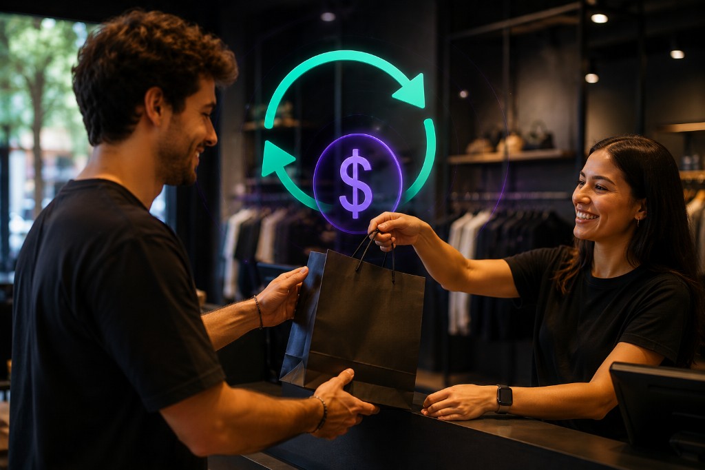 Cliente recebendo cashback em loja física durante a compra