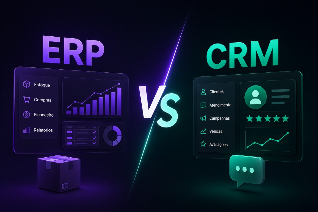 Comparativo ERP versus CRM: operação e estoque contra clientes e vendas