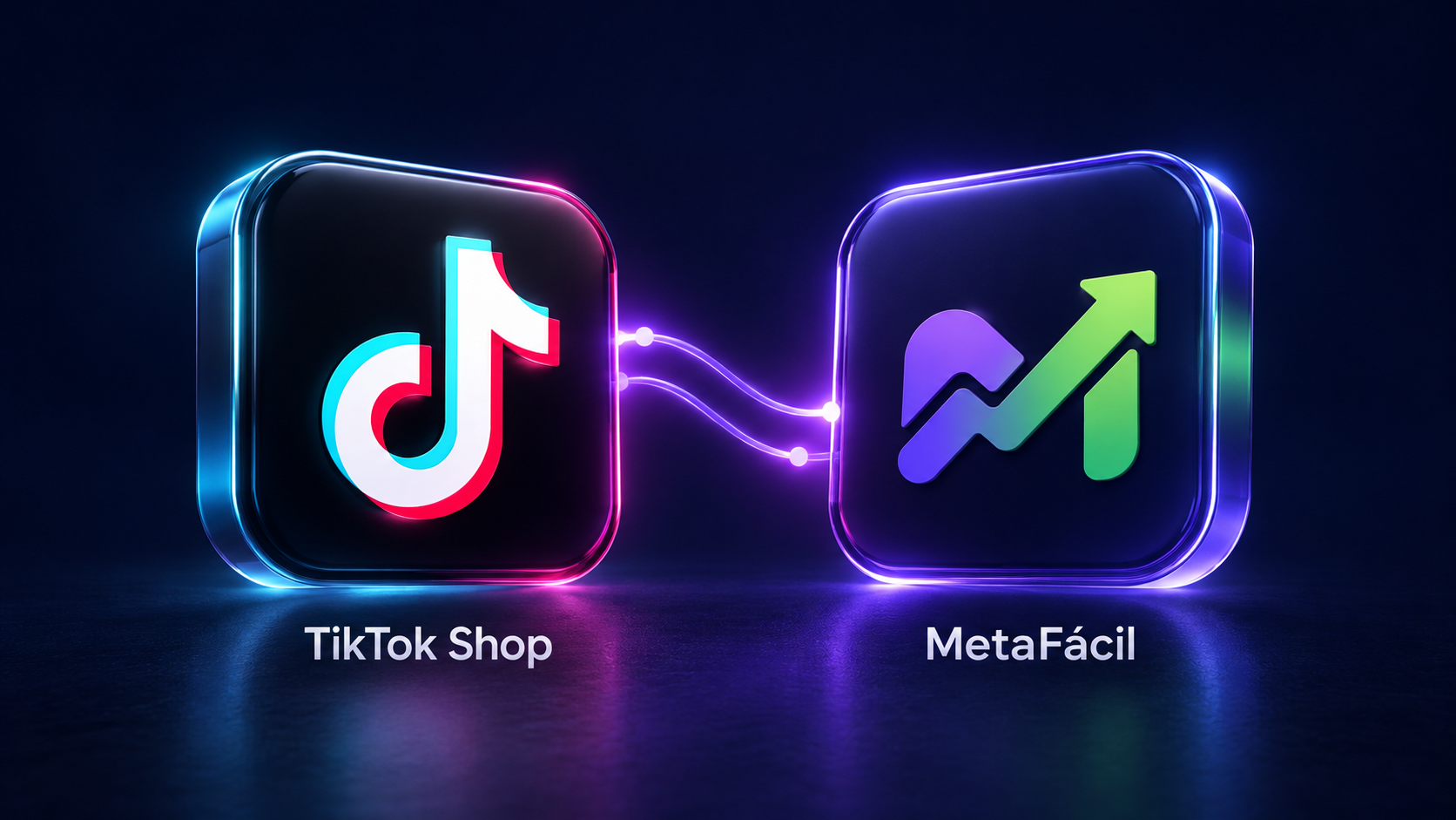 Ícones do TikTok Shop e do MetaFácil lado a lado, conectados em uma composição 3D sobre fundo escuro.