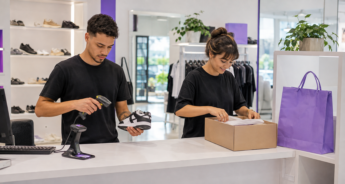 Equipe utilizando o estoque da loja física para atender vendas presenciais e pedidos online