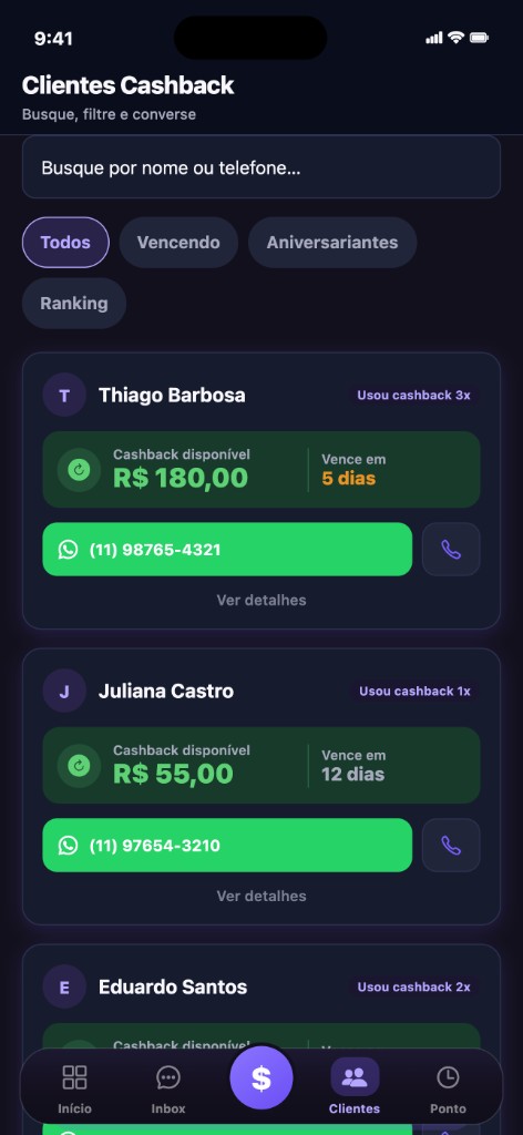 Lista de clientes com cashback disponível no app MetaFácil